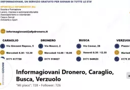  	Informagiovani degli sportelli di Busca, Dronero, Caraglio, Verzuolo è su Facebook, dove sono pubblicati annunci di lavoro locali, bandi e opportunità sul territorio: al link https://www.facebook.com/infogiodrocarbusver 